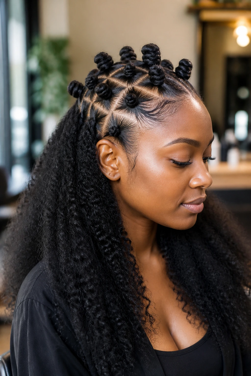 Close-up portrait of a real woman showing Marley hair knots adding length at the crown.