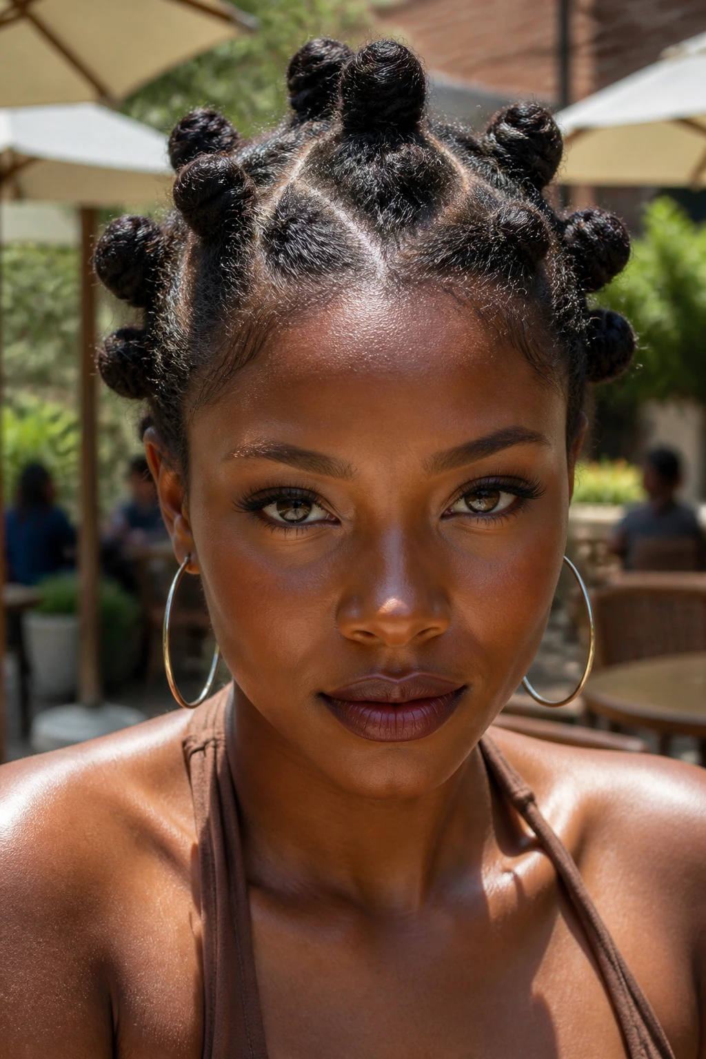 Close-up of matte kinky-texture Bantu knots on a real person outdoors