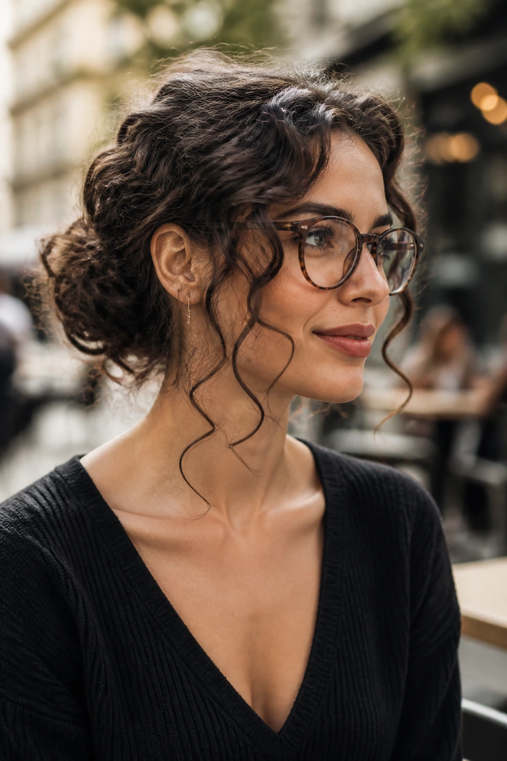 Close-up portrait of a real person with a messy low bun and tendrils