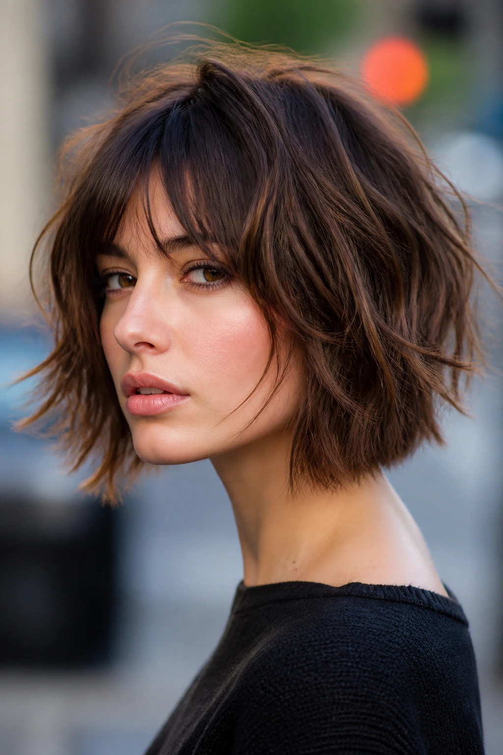 Close-up portrait of a real woman with a messy textured bob and choppy layers