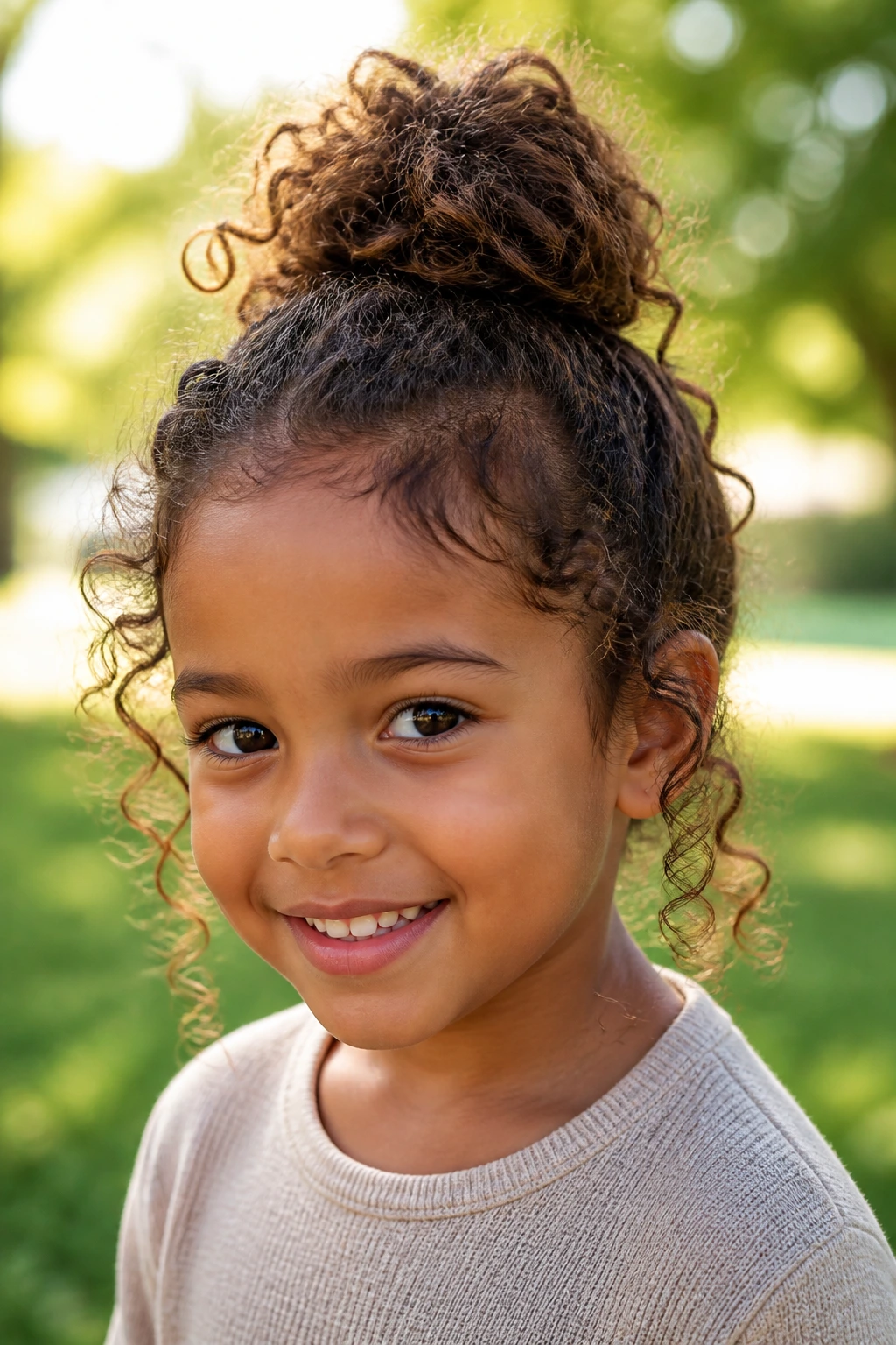 Close-up of a real child with a messy top knot and curling ends showing