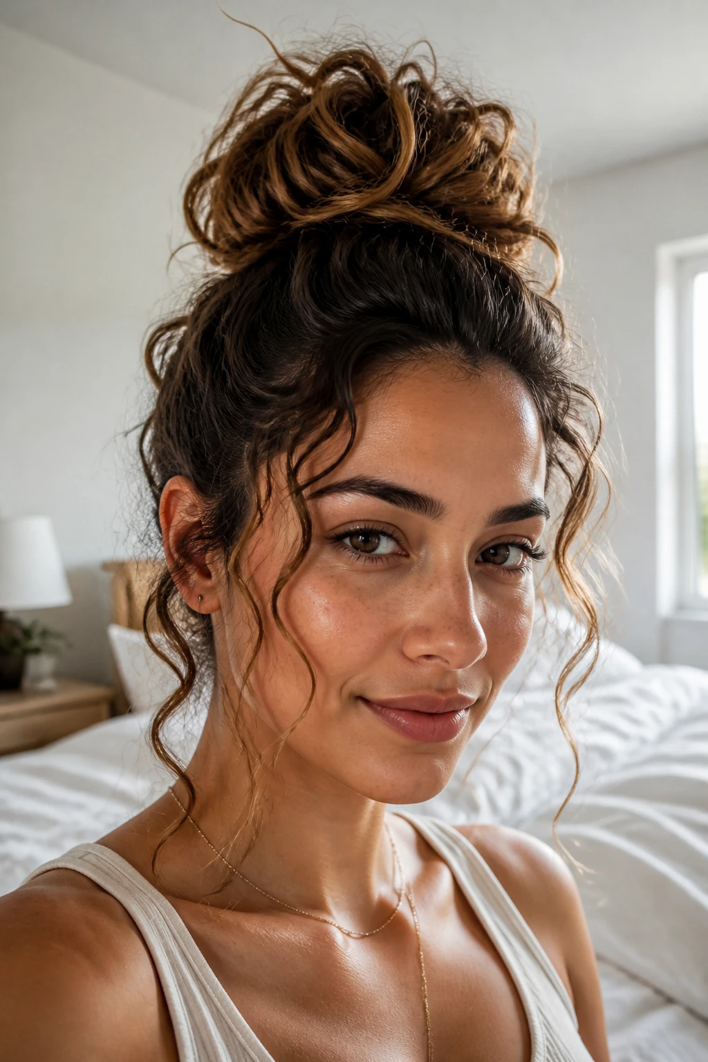 Real woman with a high messy top knot and loose tendrils around the face.