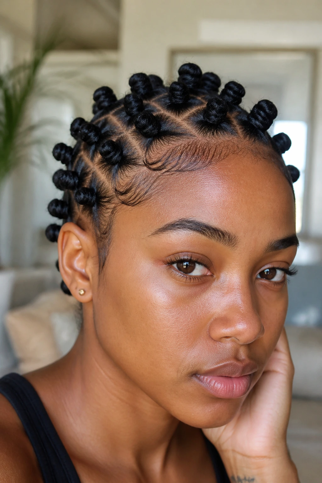 Micro Bantu knots close-up showing scalp lines on a real person.