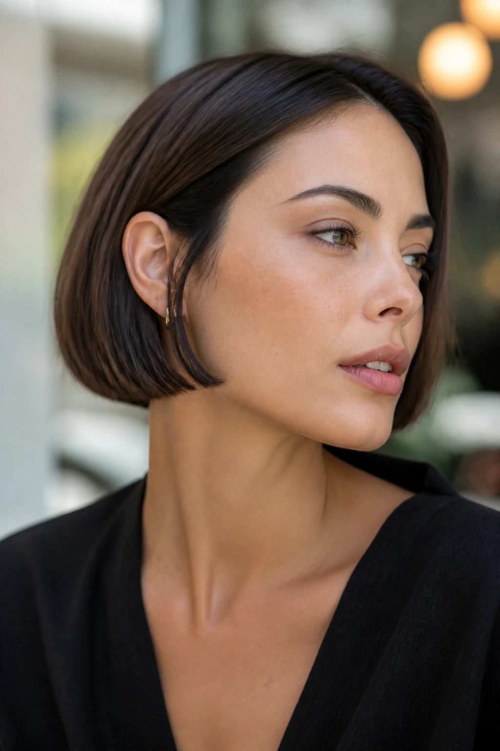 Close-up portrait of real woman with micro bob cut, cheekbone-to-ear length, soft edge, warm salon lighting