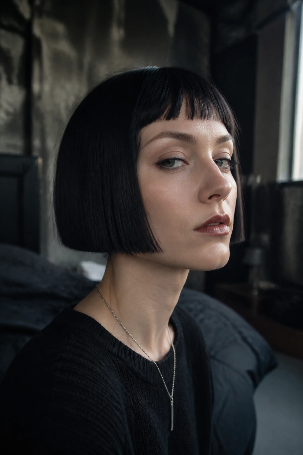 Close-up portrait of a real woman with a razor-sharp micro bob and blunt ends