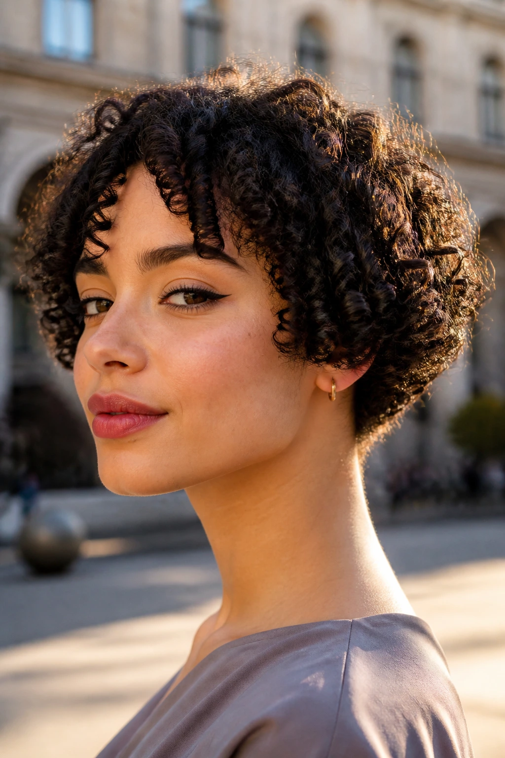 Close-up portrait of a real woman with micro bob and tight curls