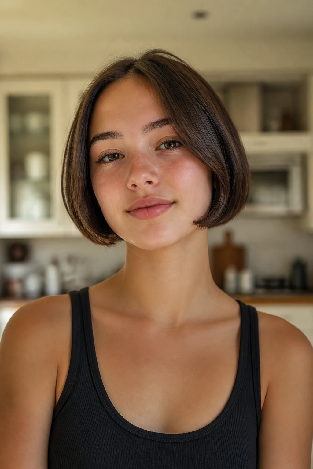 Teen with micro bob: close-up portrait showing tucked-under ends for a neat, bold look