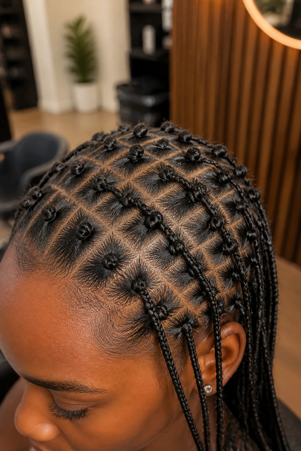 Close-up of micro braid grid with tiny knot accents on real person's scalp