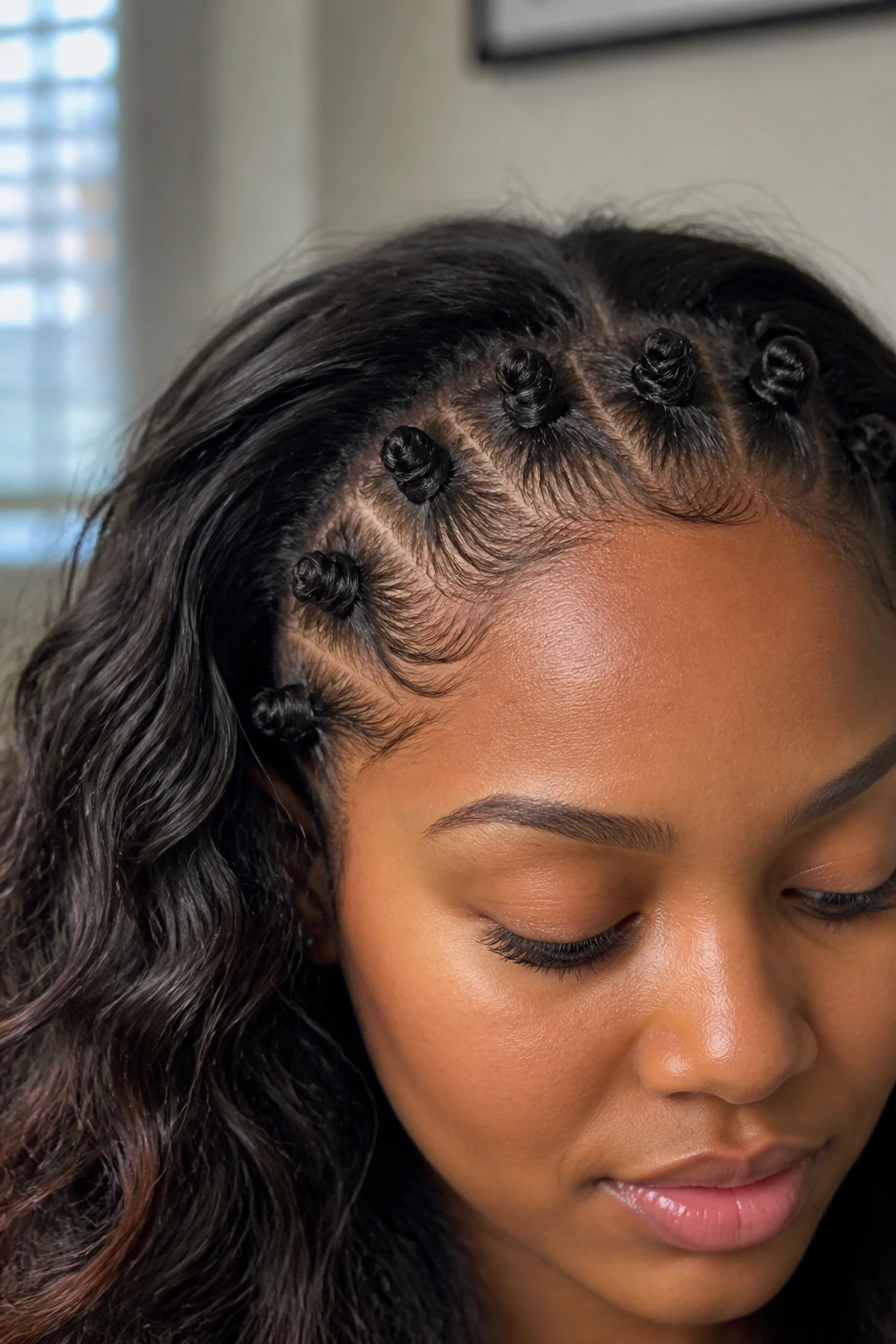Close-up of a real woman with micro knots along the hairline