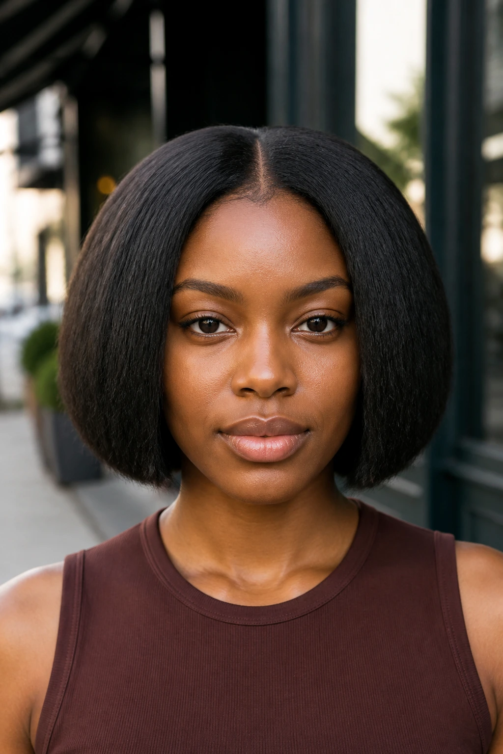 Portrait of real woman with middle-part jaw-length bob
