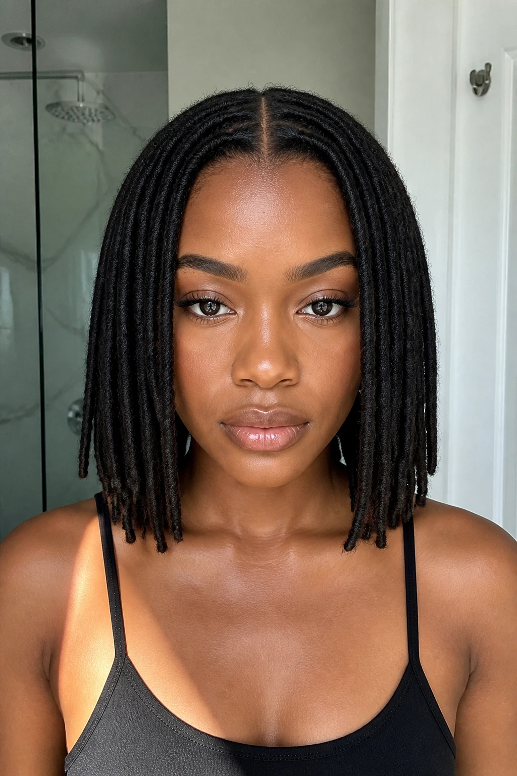Portrait of a person with a symmetrical middle-part loc bob