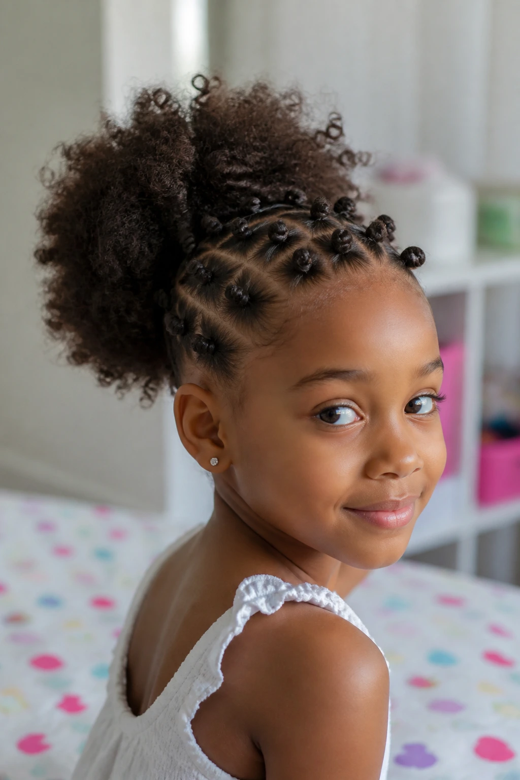 Child with mini bantu knots and back afro puff