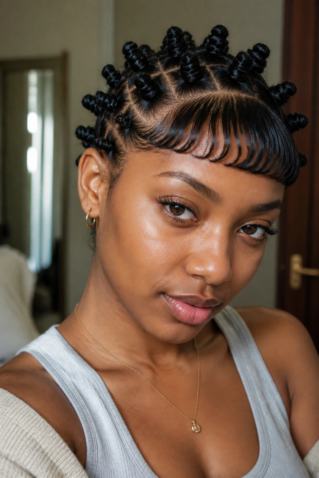 Mini Bantu Knots with baby bangs close-up portrait
