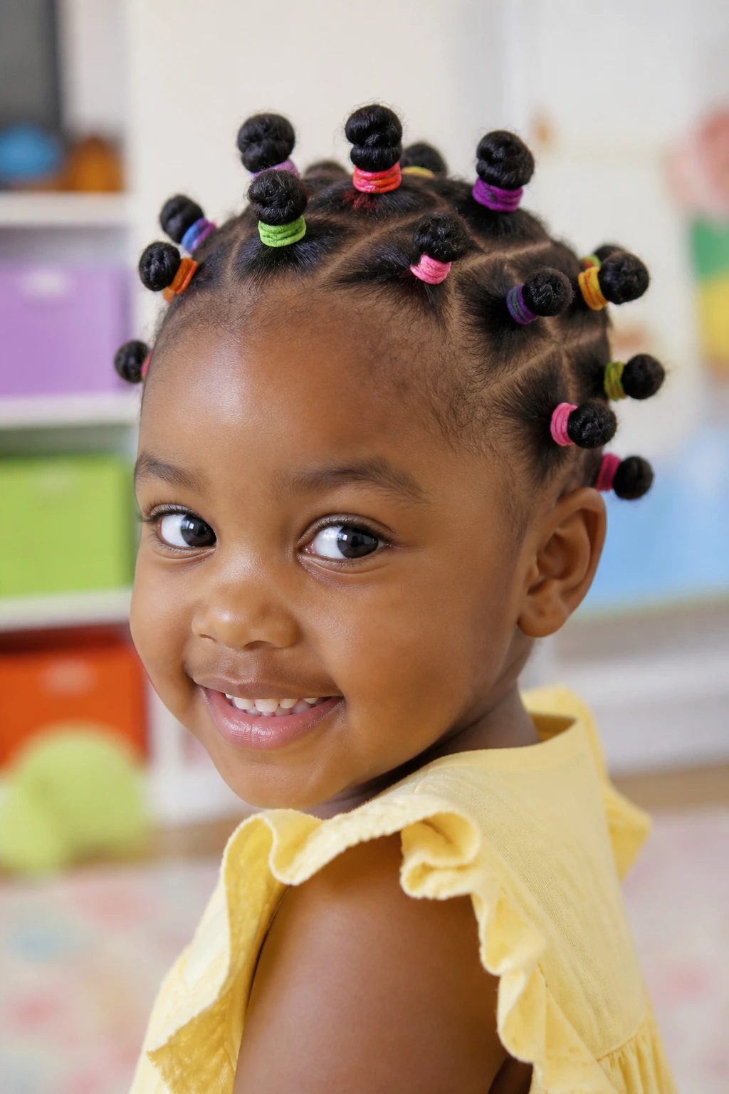 Close-up of a child with tiny bantu knots and colorful elastics