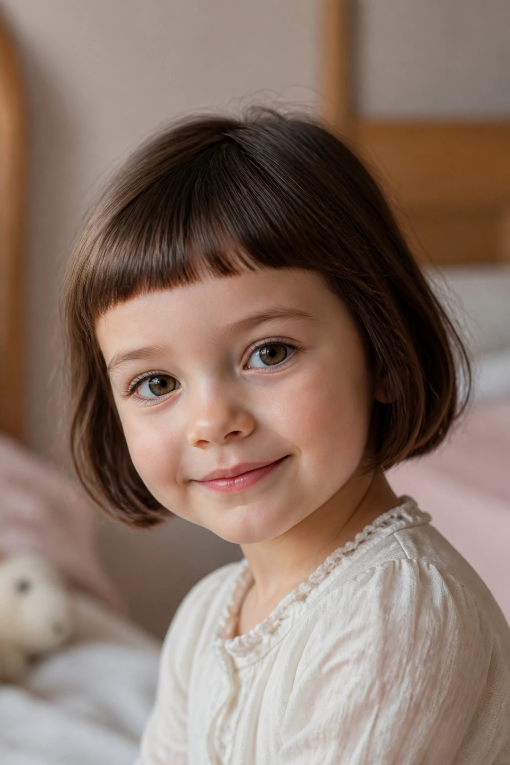 Close-up portrait of a little girl with a mini French bob and tiny fringe in a sunlit cozy bedroom