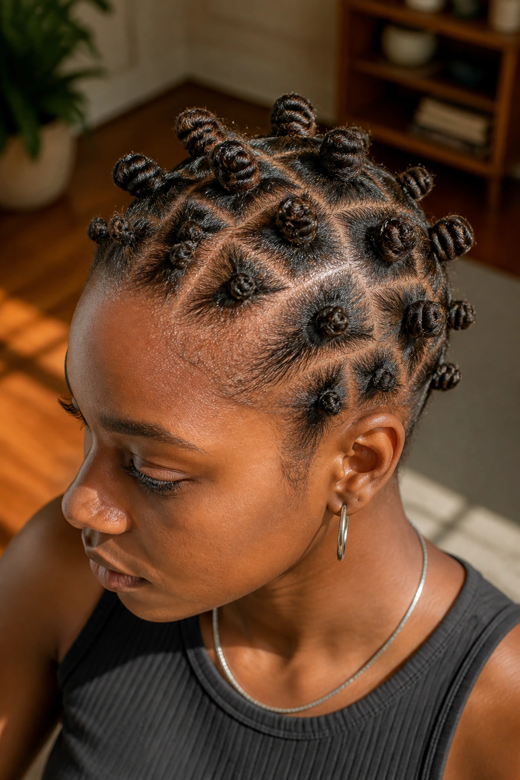 Close-up of head with many tiny Bantu knots across the crown