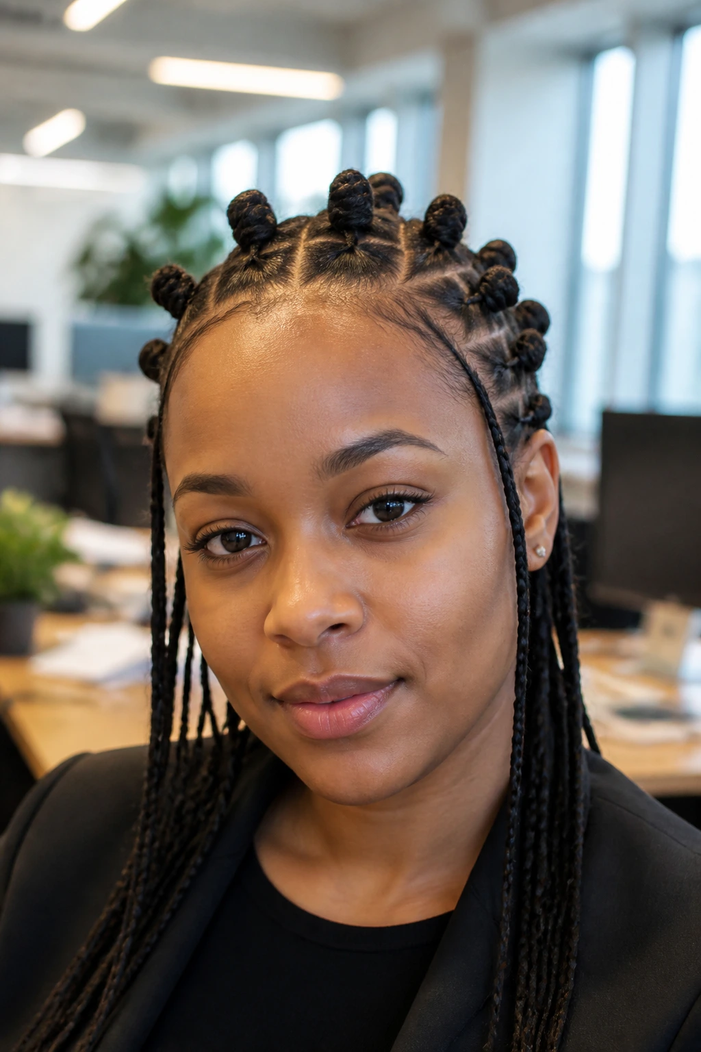 Close-up of real person with mini knots and slim braids suitable for office wear