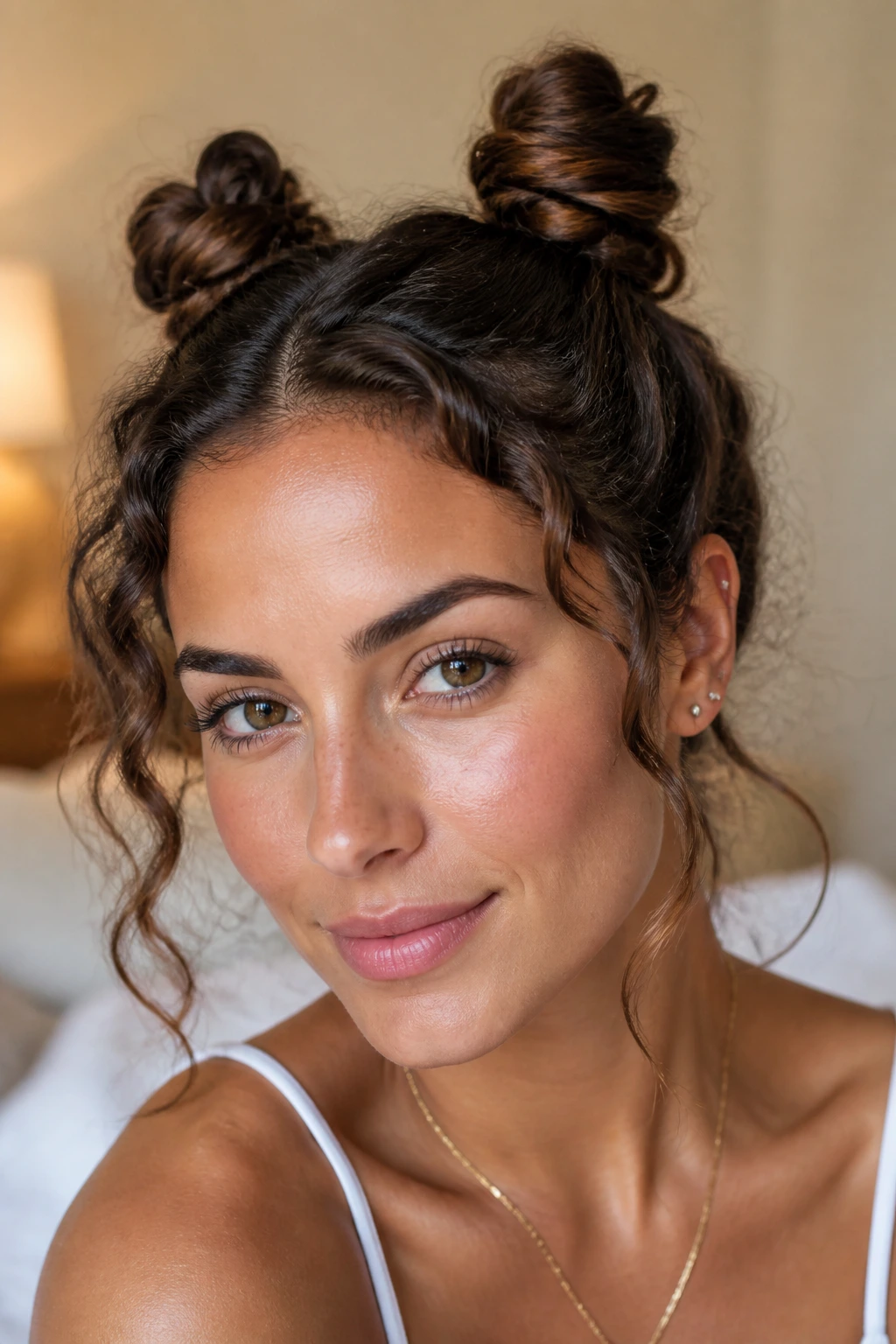 Close-up of a woman with two mini space buns on top of her head
