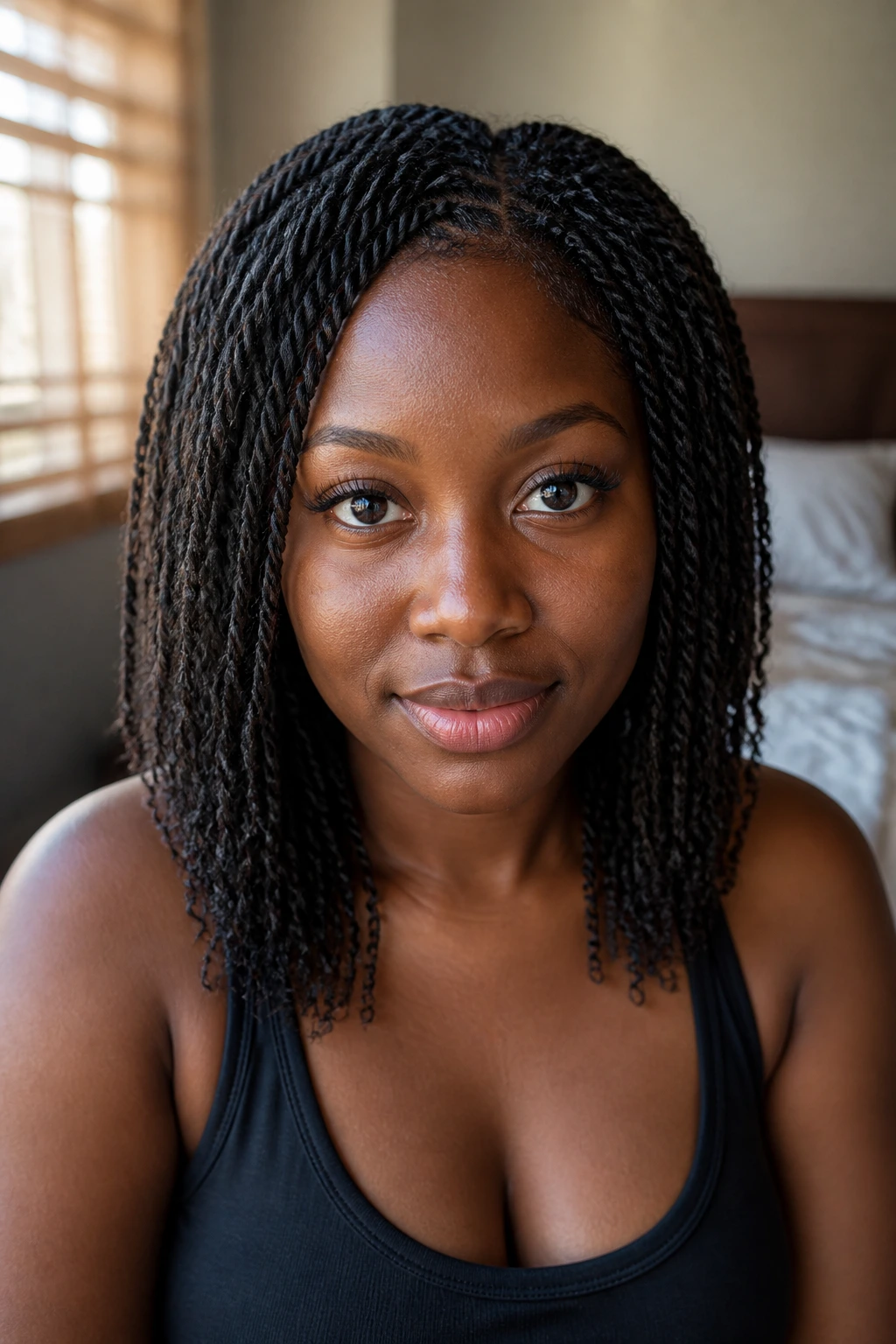 Close-up portrait of a real woman with mini twist braids aging gracefully in soft bedroom light