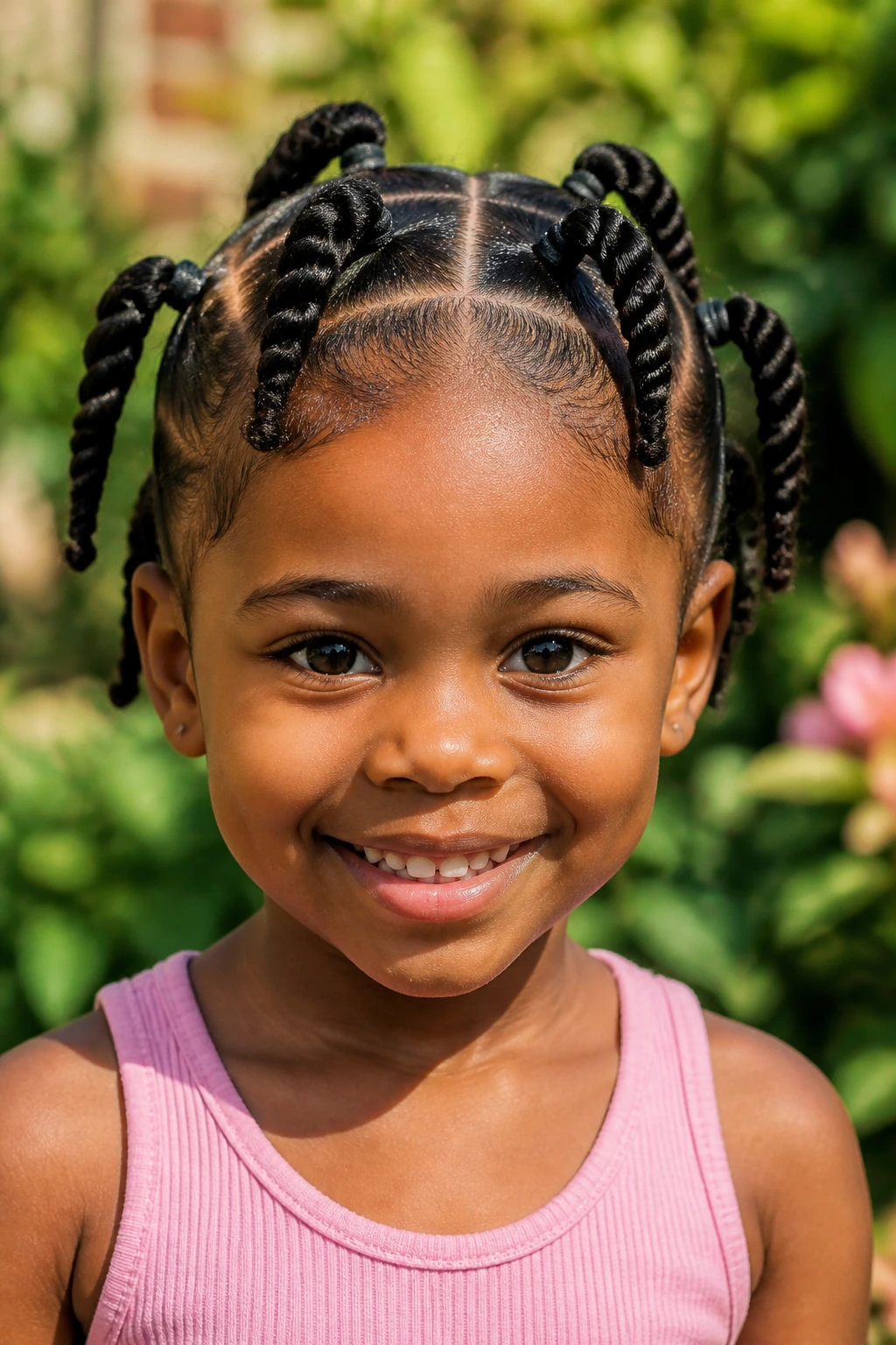 Close-up of a girl with multiple mini twist ponytails around the head