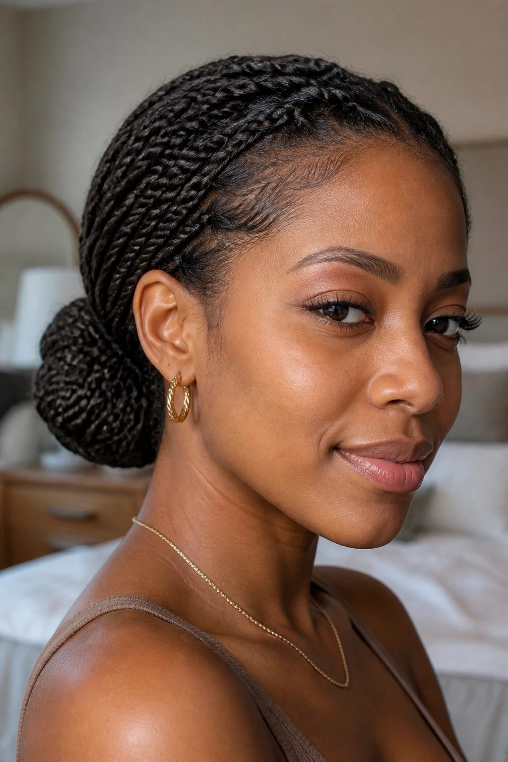 Close-up of a real woman with mini twists in a low bun at the nape, natural window light.