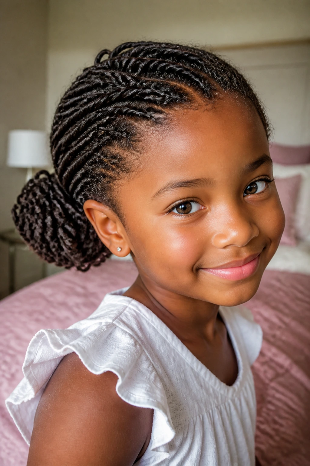 Close-up of a real child with mini twists forming a side bun behind the ear