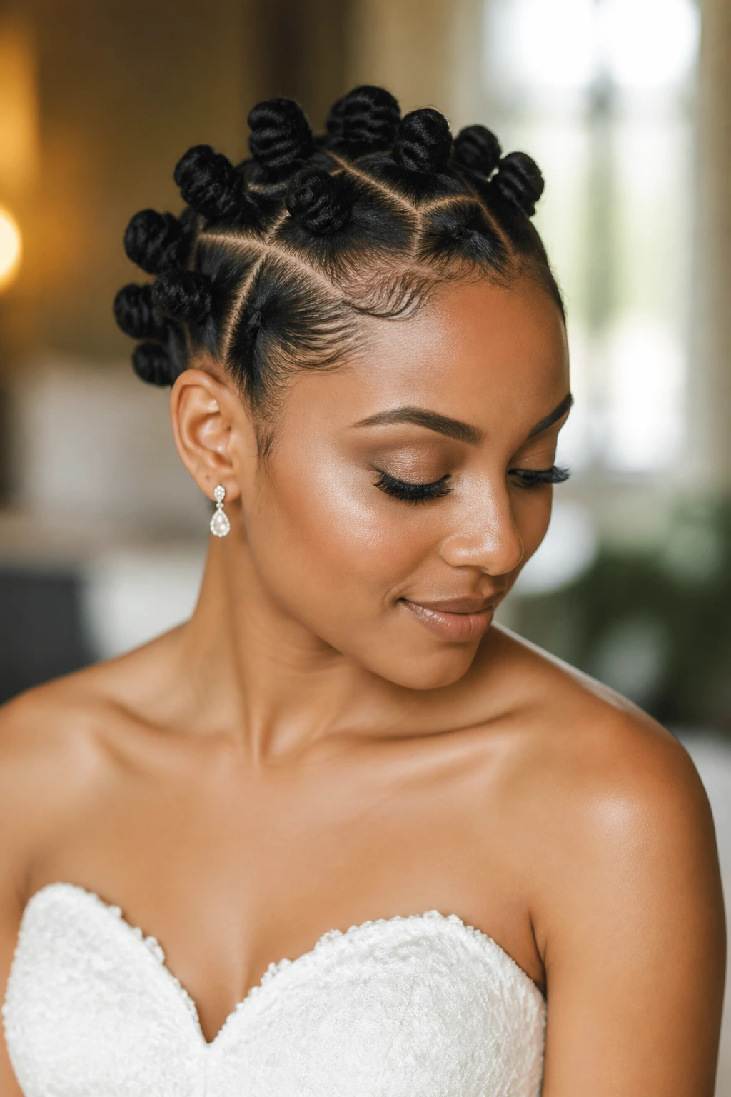 Close-up of real bride wearing a minimalist knot crown in bridal suite with soft light