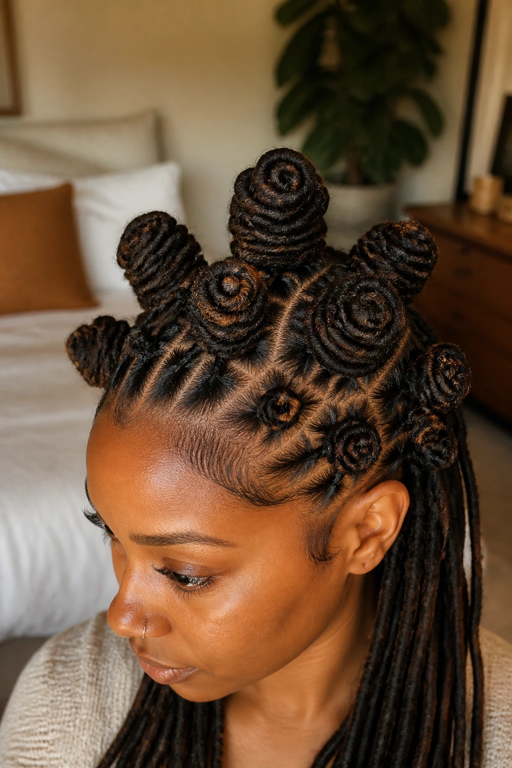 Close-up portrait of a person with a map-like arrangement of Bantu knots on the crown