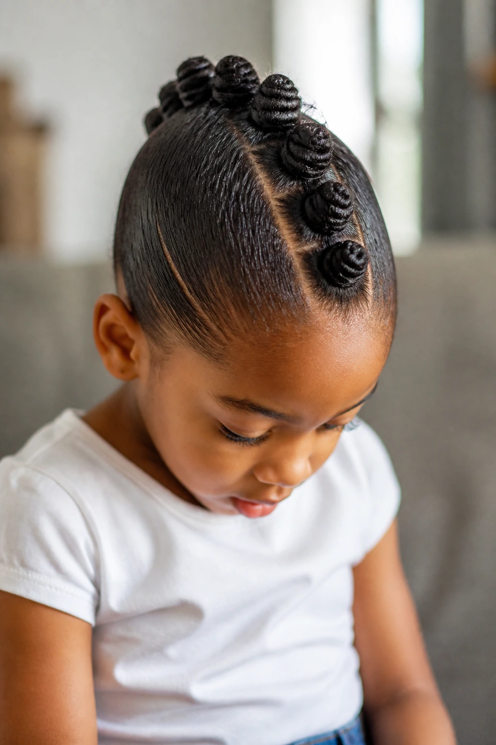 Child sporting a center mohawk of bantu knots