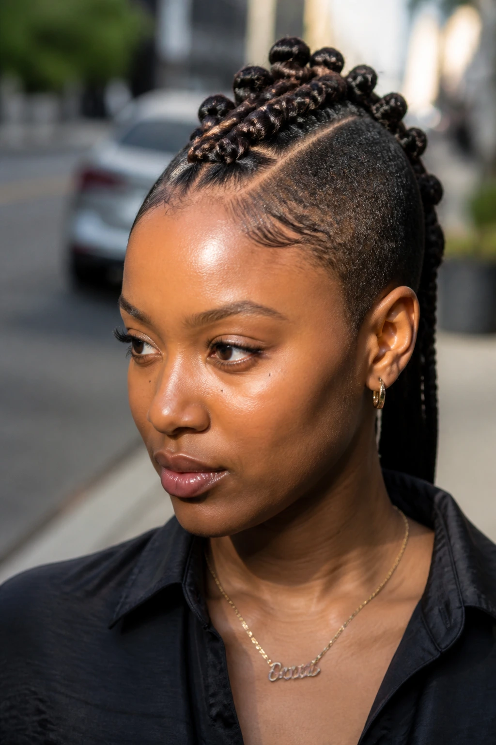 Real person with a mohawk braid row and mini knot ends.