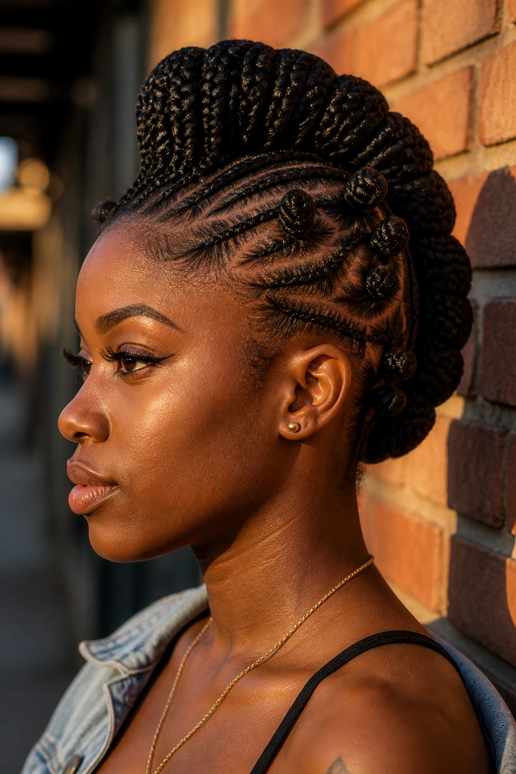Real person with braided mohawk and knot-pinned sides from side view