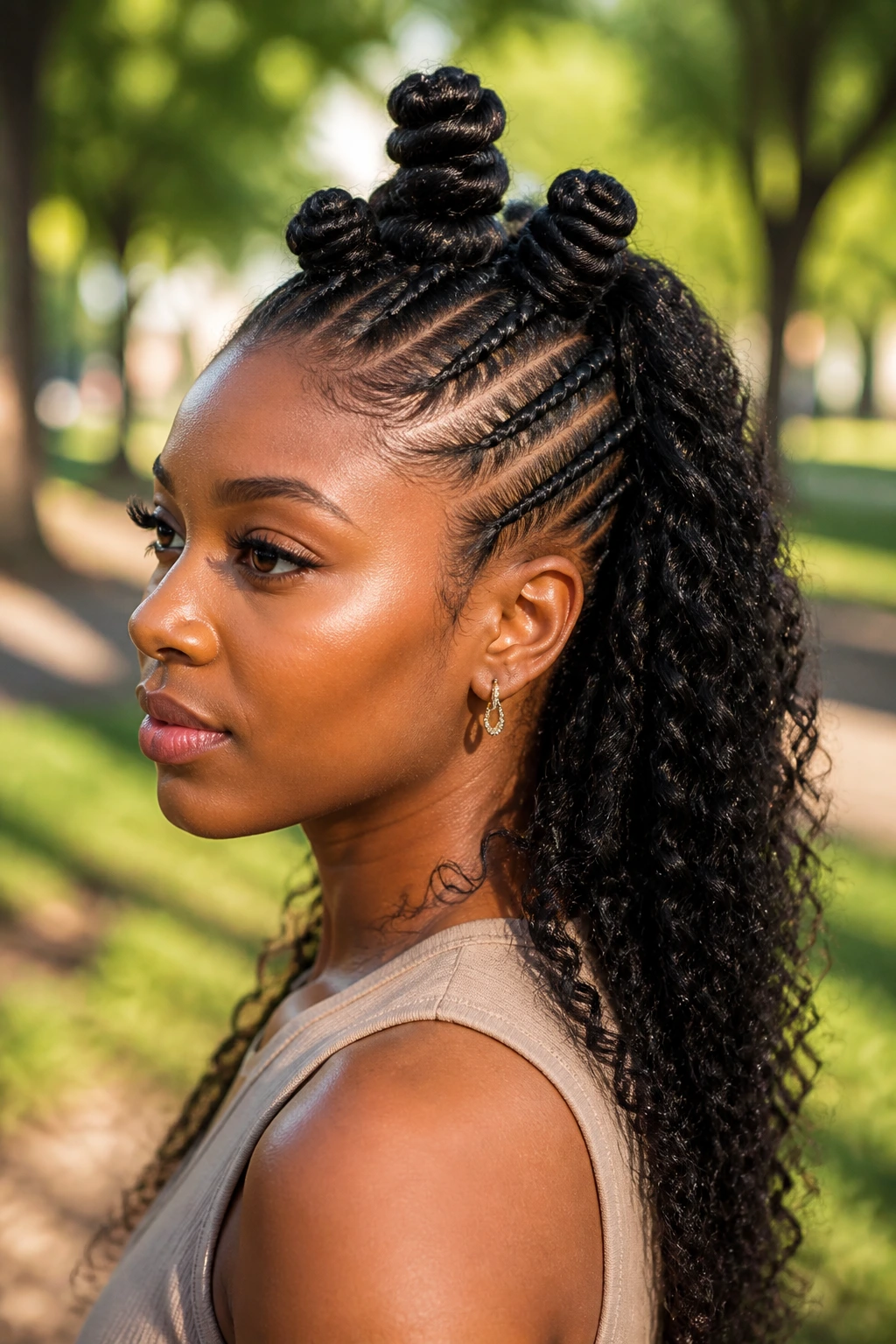 Portrait of Mohawk knots with flat-twisted sides hairstyle on a real person