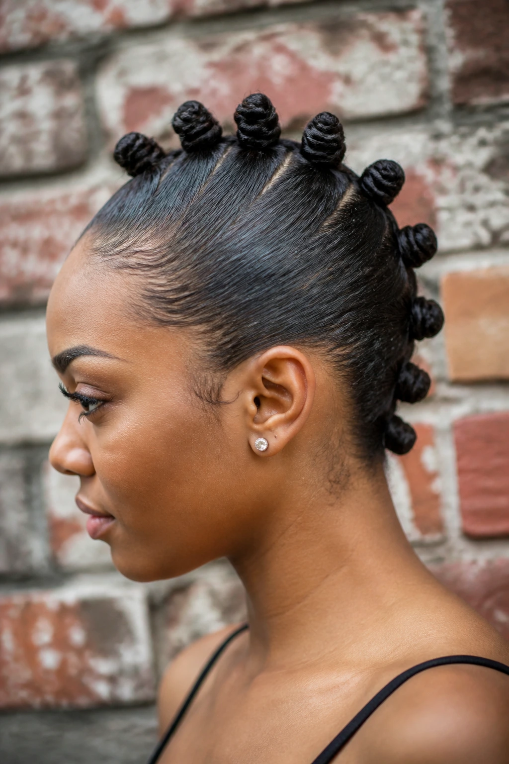 Close-up portrait of a real person with a central line of Bantu knots on straight hair with slicked sides