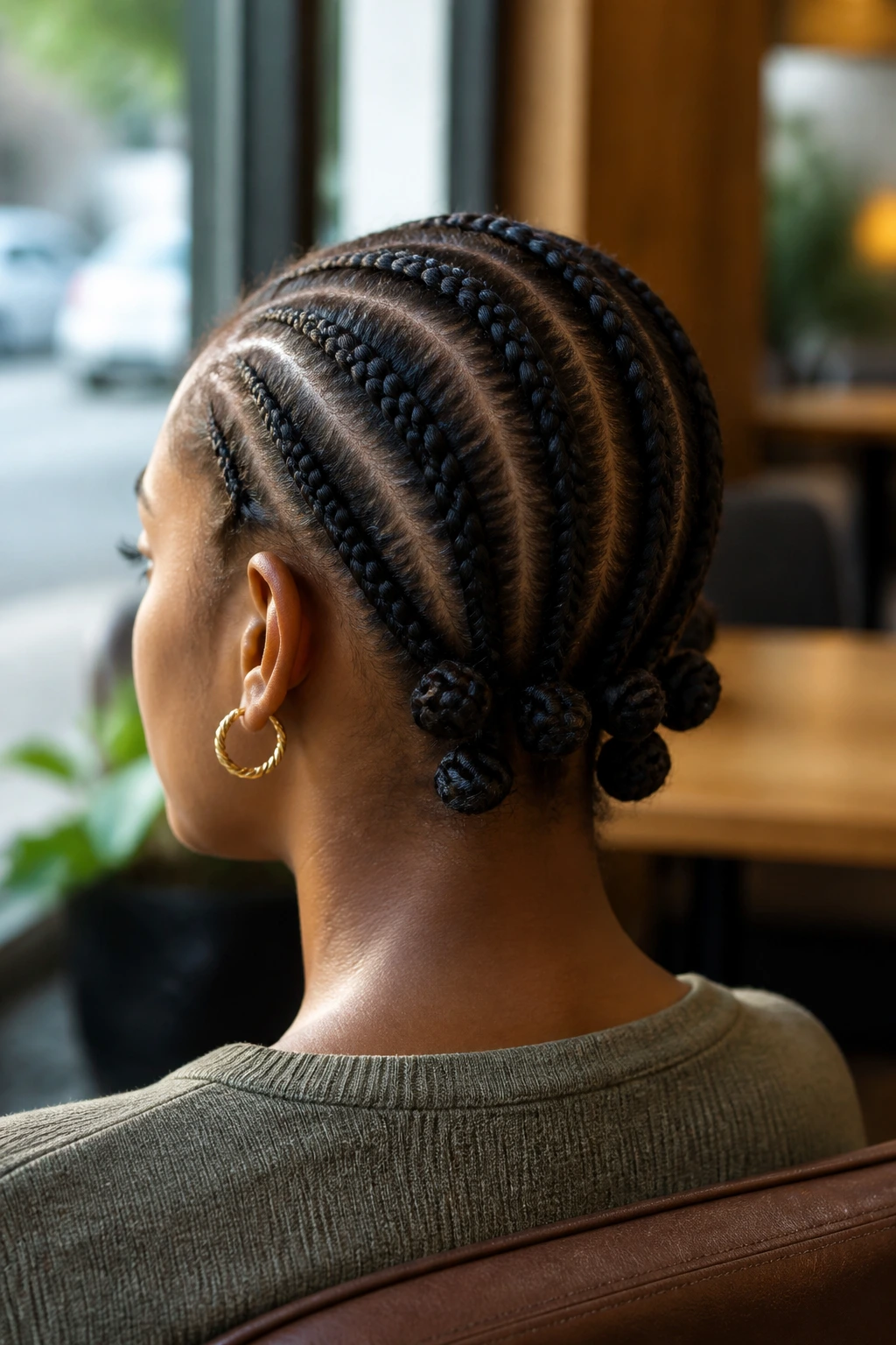 Rear view of low knot rows along the nape on a real person