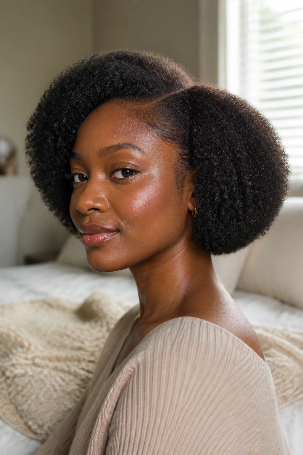Close-up of a real Black woman with a crisp natural bob in a cozy bedroom setting