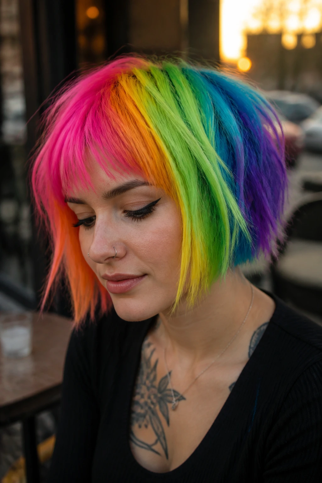 Portrait of person with choppy neon rainbow bob showing defined color blocks and piecey ends
