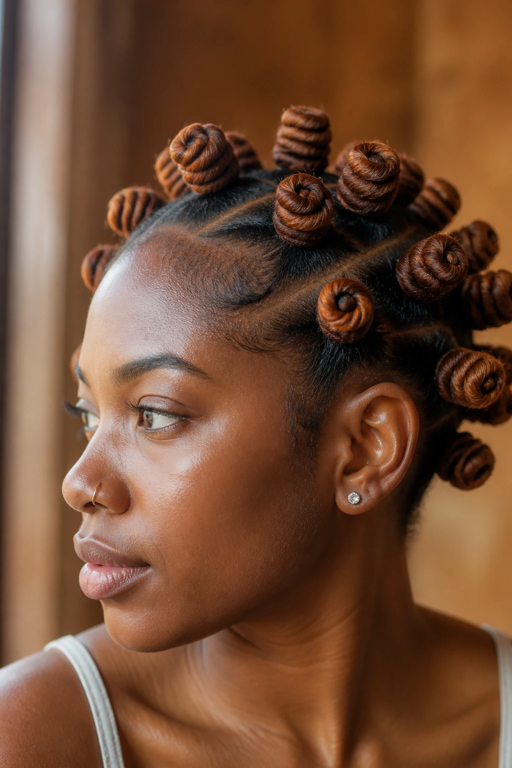 Close-up of warm brown ombre Bantu knots on a real person.