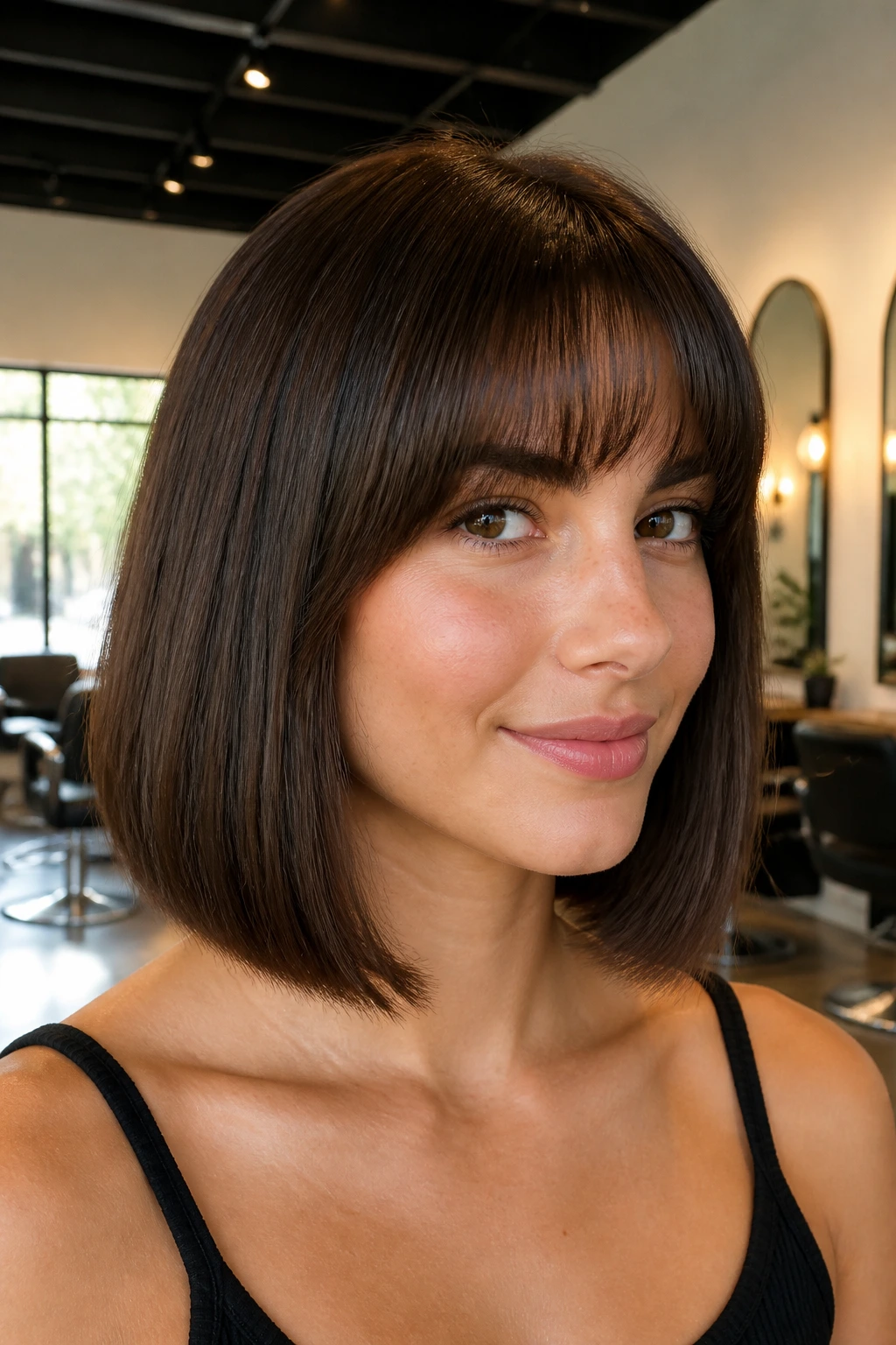 Close-up portrait of a real woman with a one-length lob and arched bangs in warm natural light
