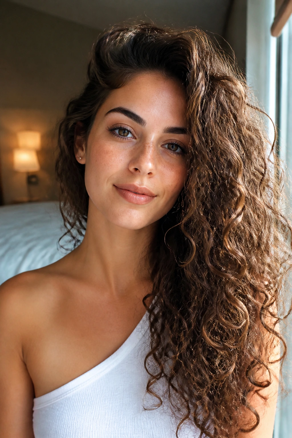Close-up of a real woman with loose curls spilling over one shoulder