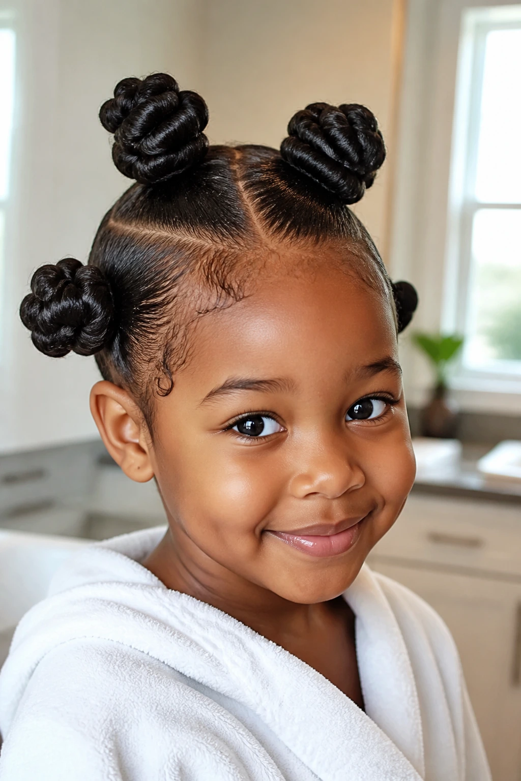 Portrait of a child with four oversized bantu knots in a stylish morning look
