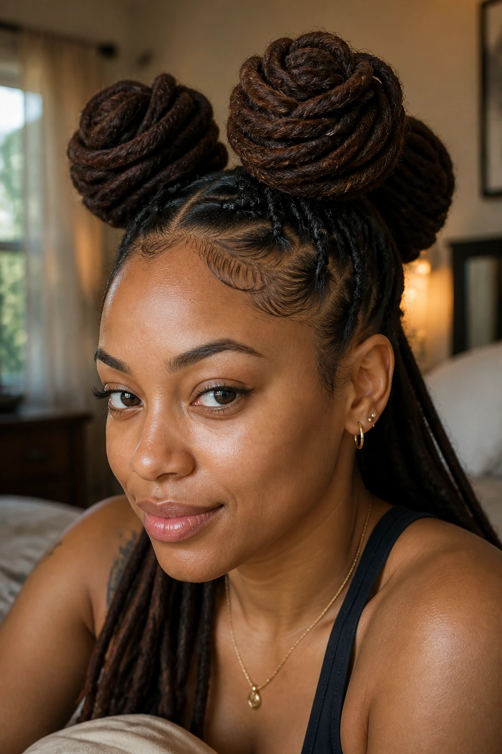 Close-up of a real person with oversized jumbo top knots on long locs under natural window light