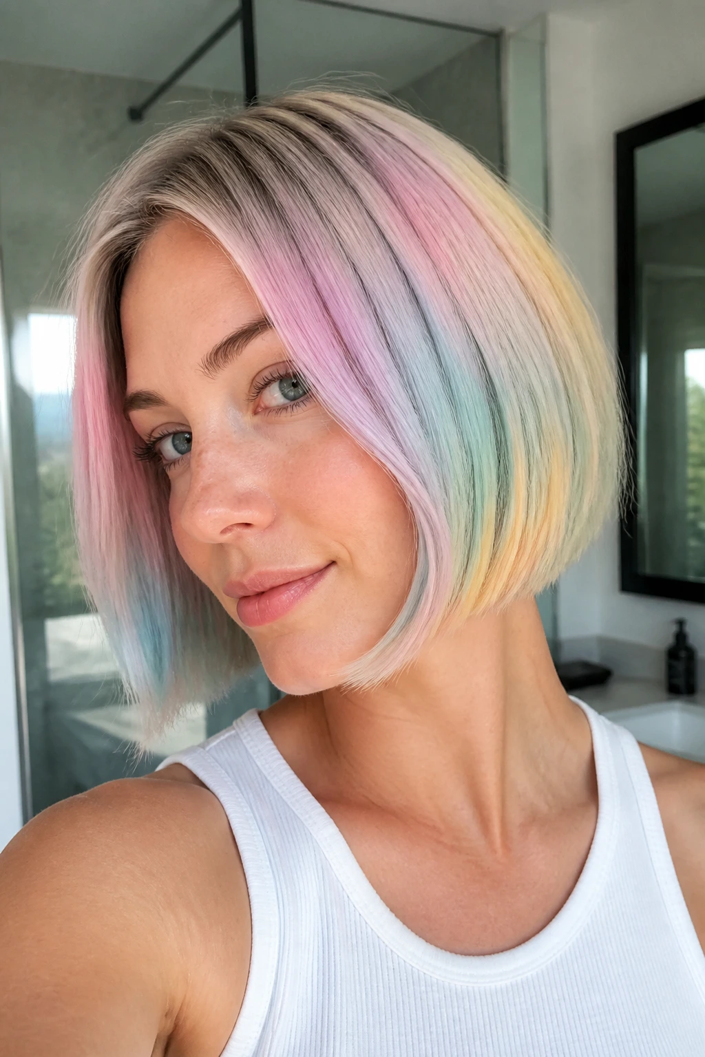 Portrait of person with pastel color-melt bob showing soft gradient blends