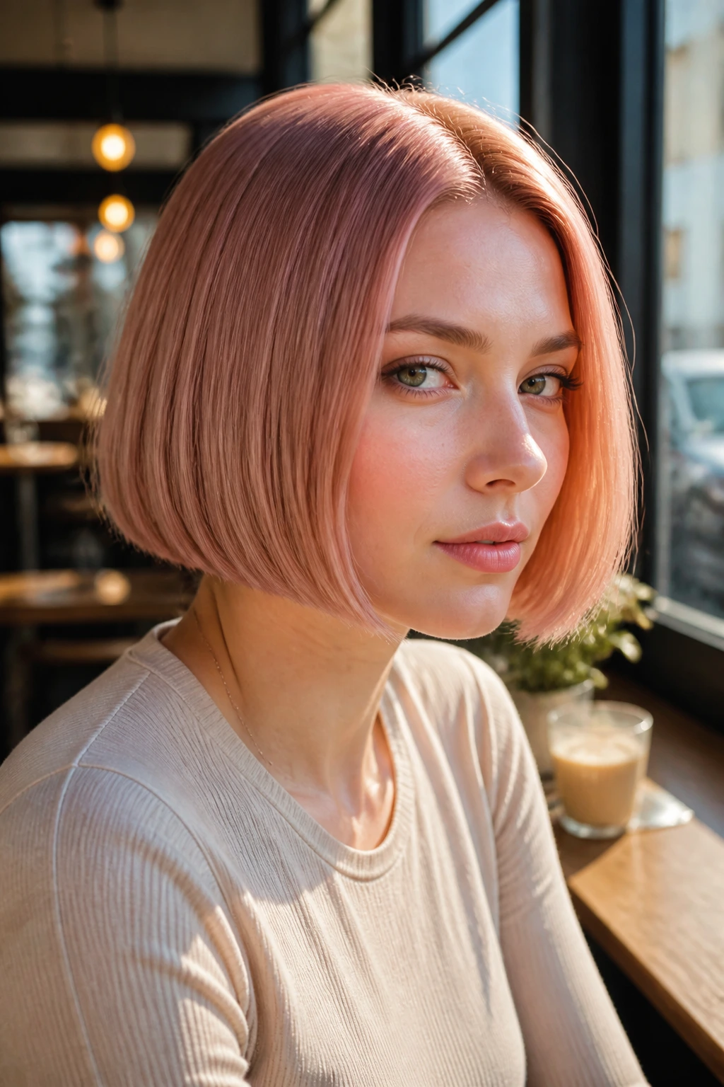 Real woman with peachy rose-gold blunt bob in cafe light