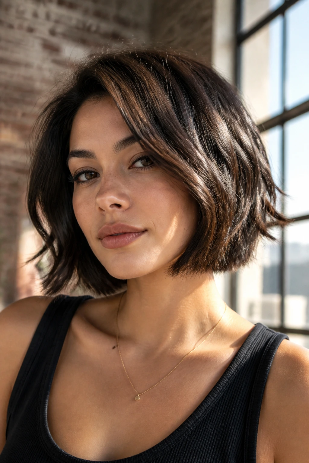 Portrait of a woman with a piecey bob and thick hair texture