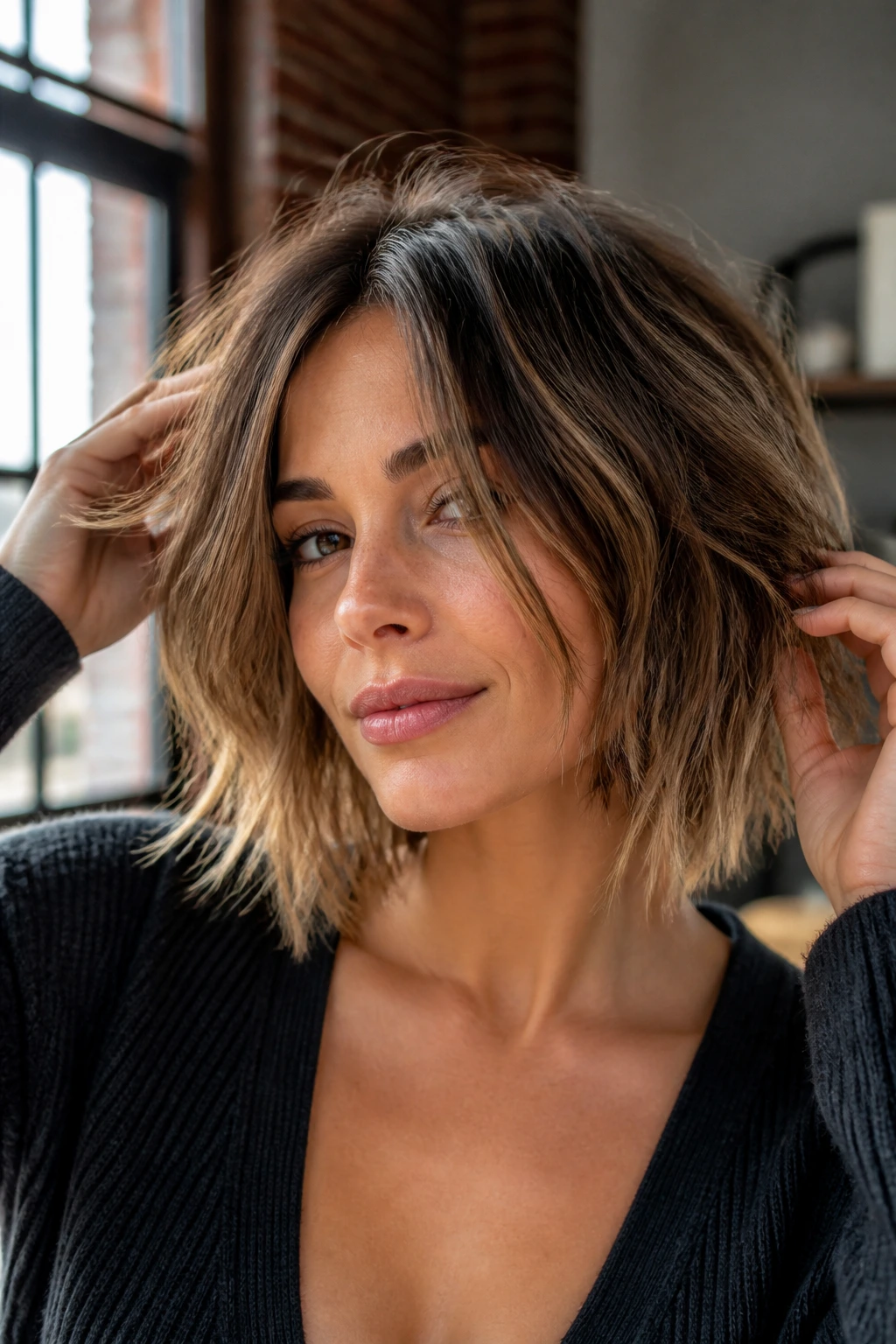 Close-up of a woman with piecey layered bob and razored ends in a modern loft
