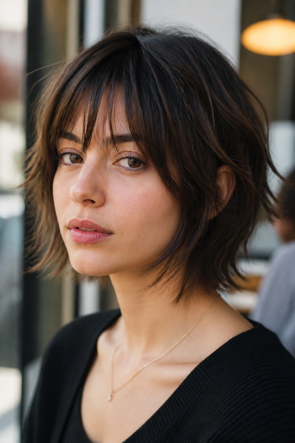 Real woman with piecey wolf cut and tapered ends in cafe light.