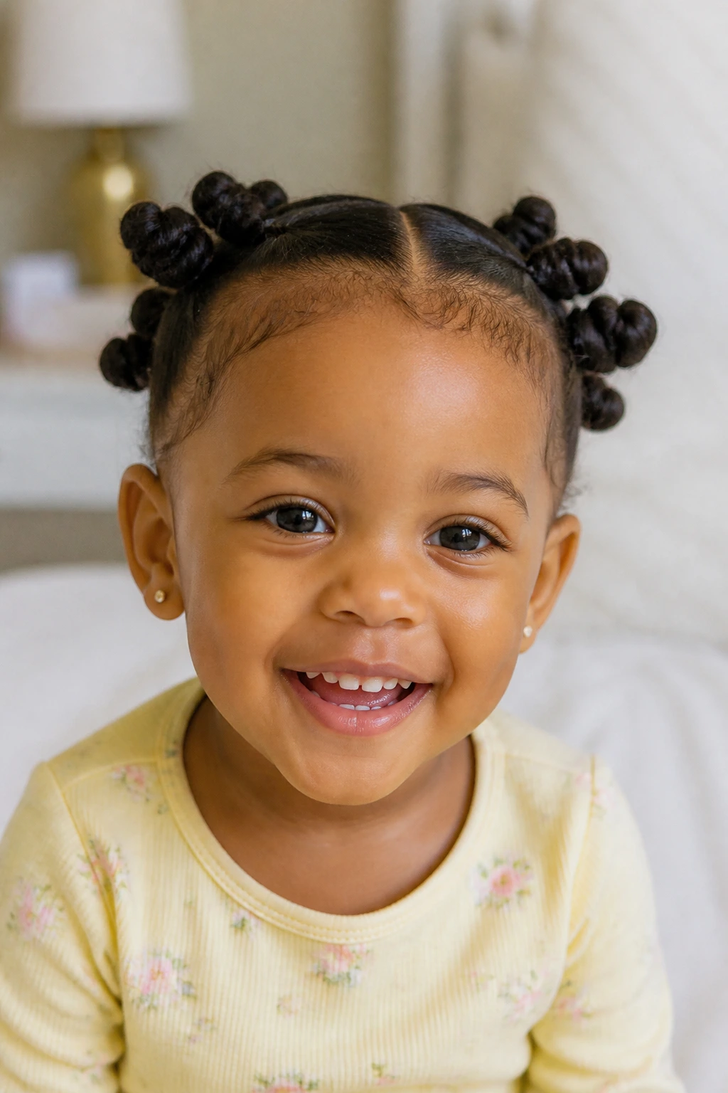 Toddler with two pigtail bantu knots on each side