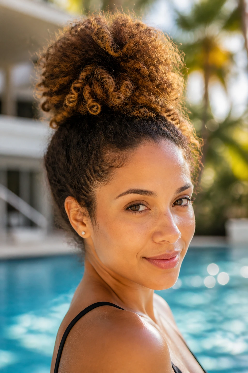 Real woman with a high pineapple bun for curly hair at poolside