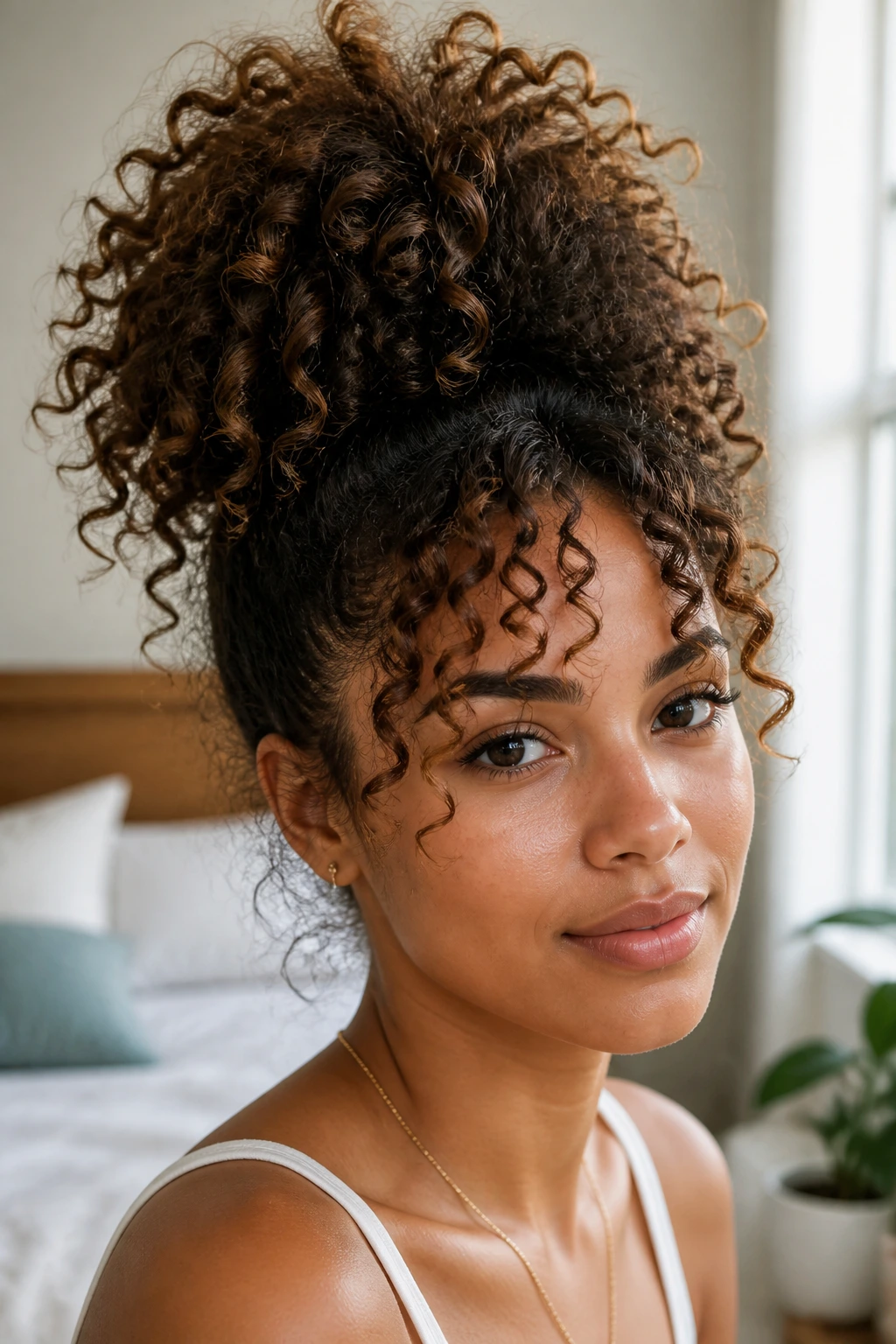 Close-up of a real woman wearing a high loose pineapple hairstyle with curls fanning toward the face