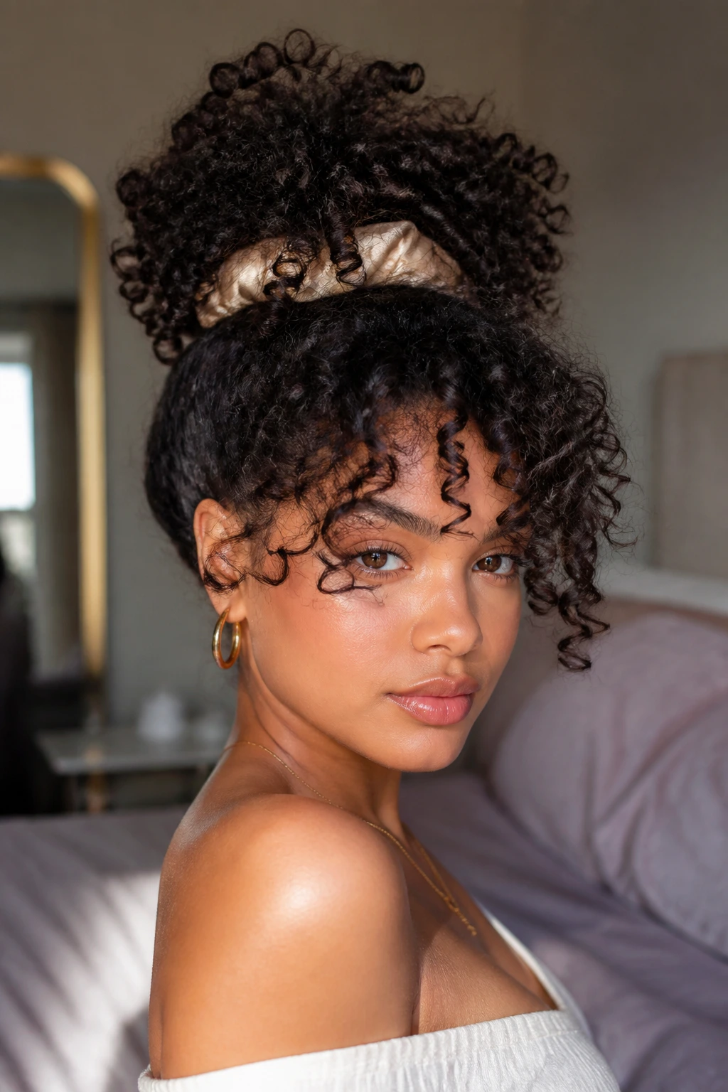 Close-up portrait of a real person with a high pineapple on short curly hair